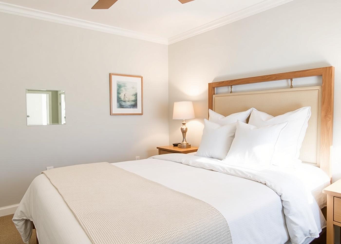 Guest-ready vacation rental bedroom with fresh white linens