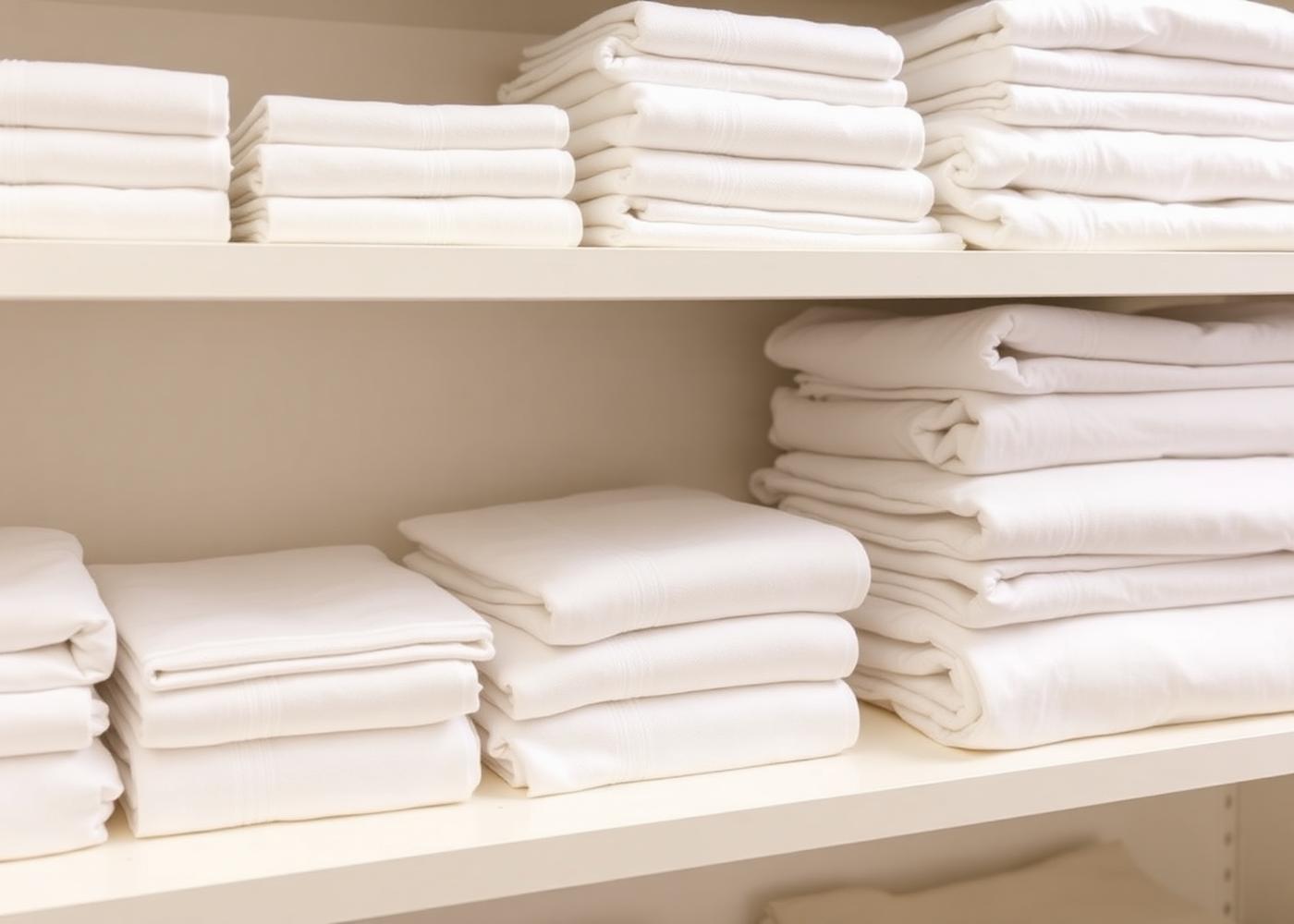 Folded white hospitality towels and sheet sets on clean shelving