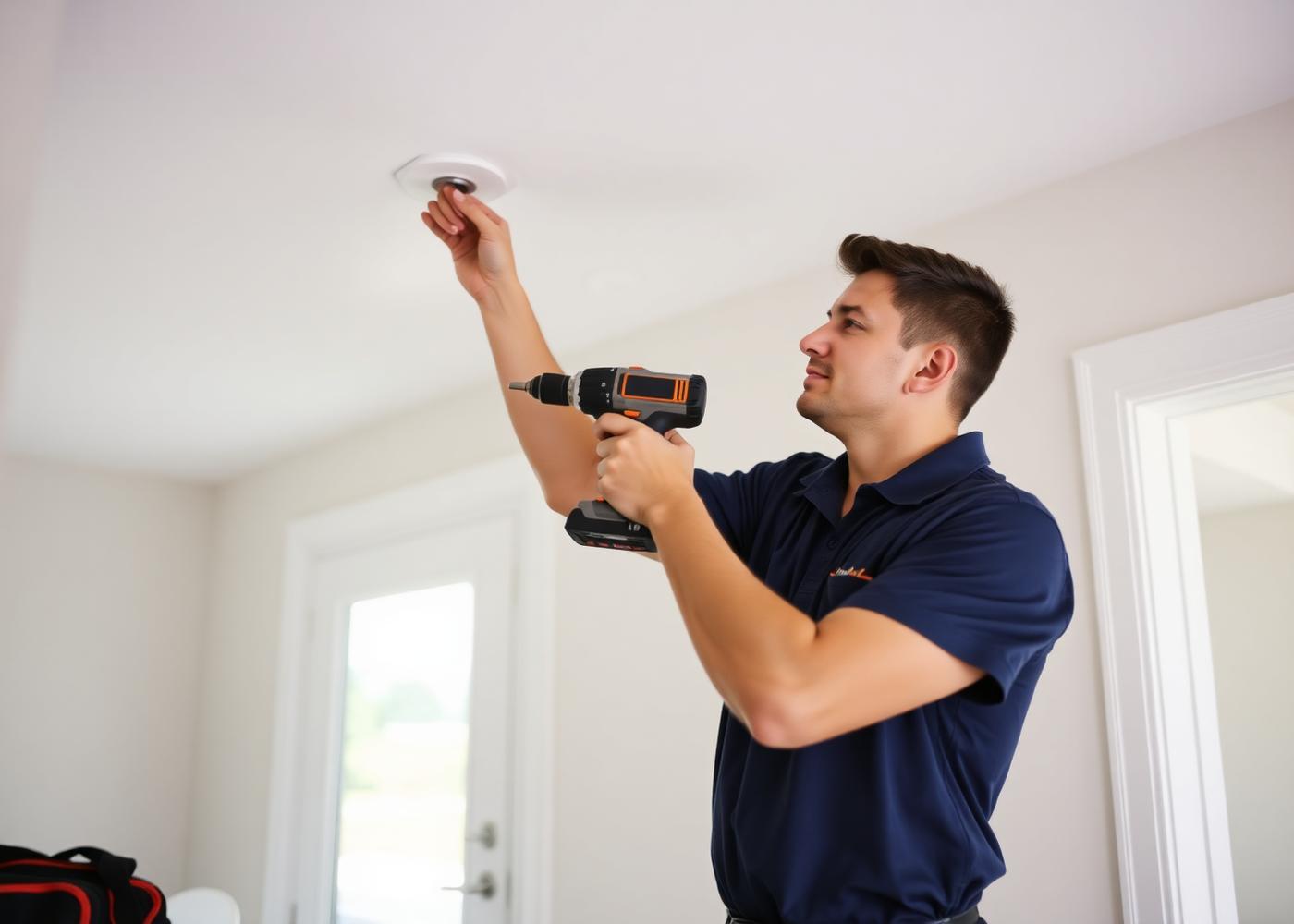 Maintenance technician installing a ceiling fixture in a vacation rental home