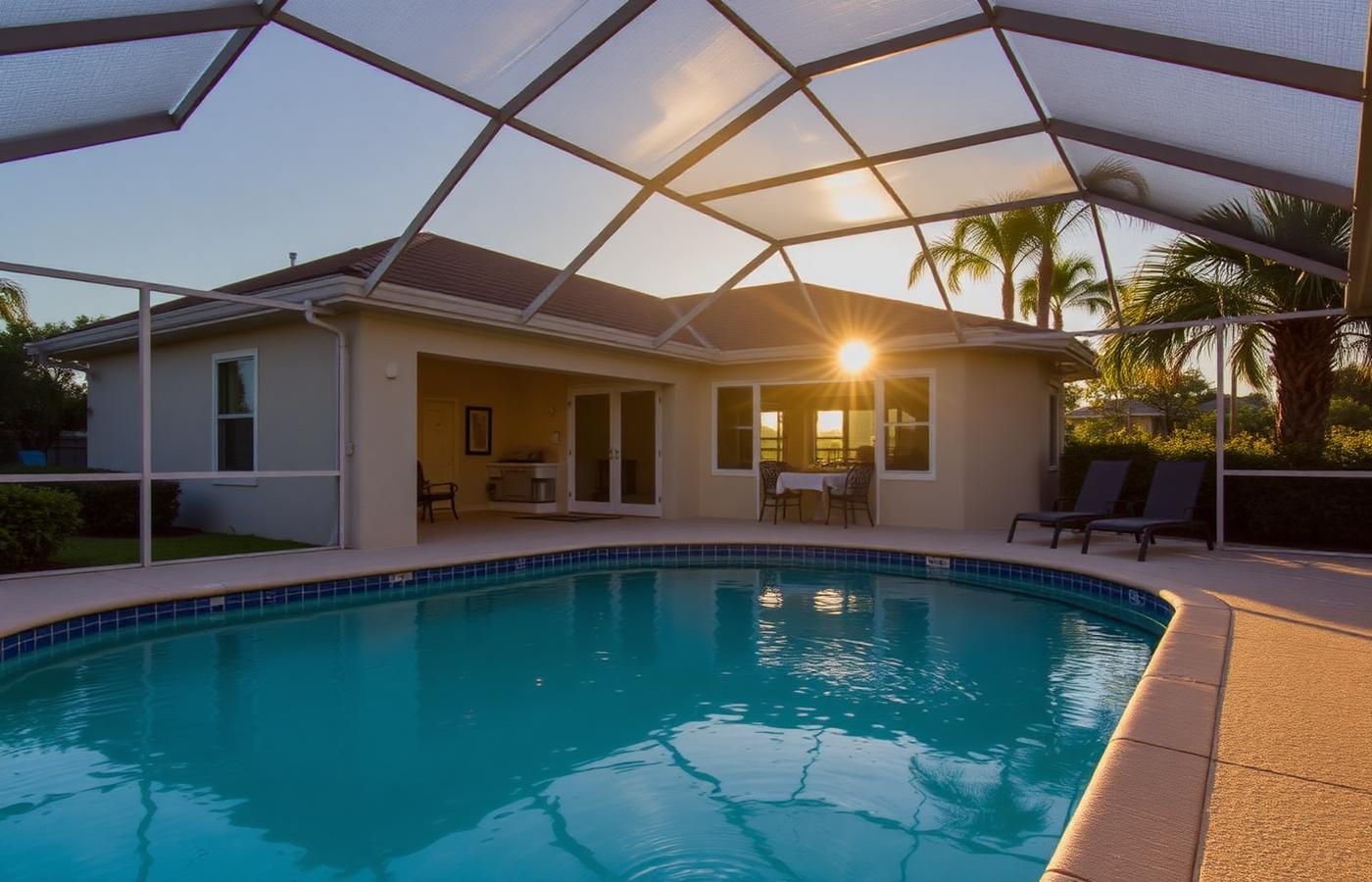 Clean screened pool deck at an Orlando vacation home